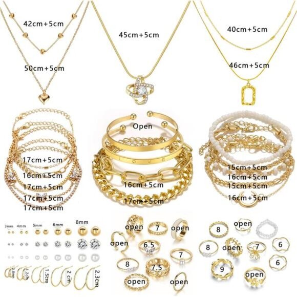 IFKM 36 PC Gold Plated Jewelry Set with 4 Necklace, 11 Bracelet, 7 Ear Cuffs - Picture 7 of 8